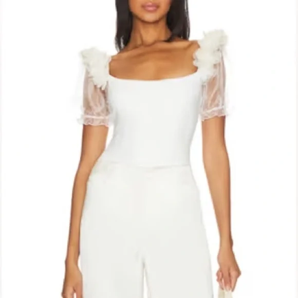 New Free People Floral-Adorned Puff Sleeves Off White Ivory Stretchy Bodysuit